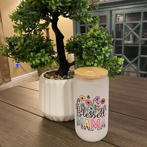 16oz handmade frosted tumbler with bamboo lid & straw. Blessed Mama, waterproof.